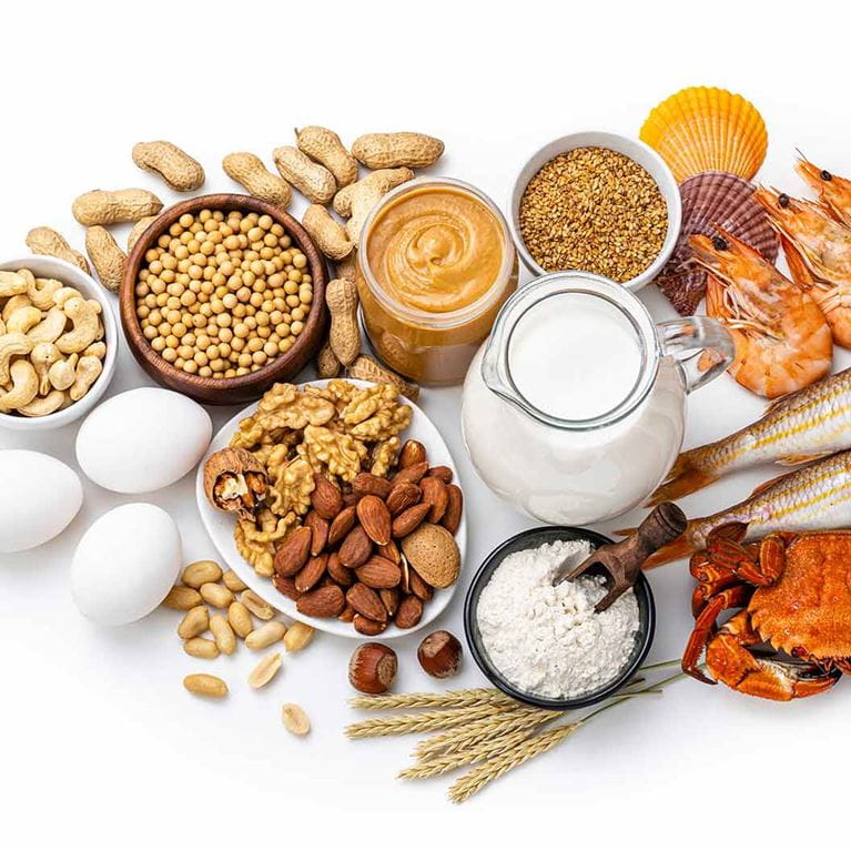 Peanuts, milk, eggs, nuts and wheat.